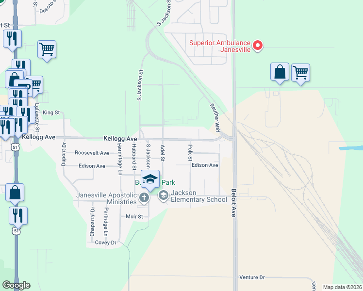 map of restaurants, bars, coffee shops, grocery stores, and more near 313 Kellogg Avenue in Janesville