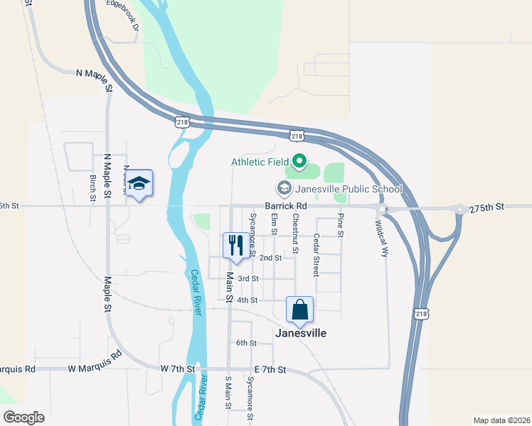 map of restaurants, bars, coffee shops, grocery stores, and more near 300-316 Barrick Road in Janesville