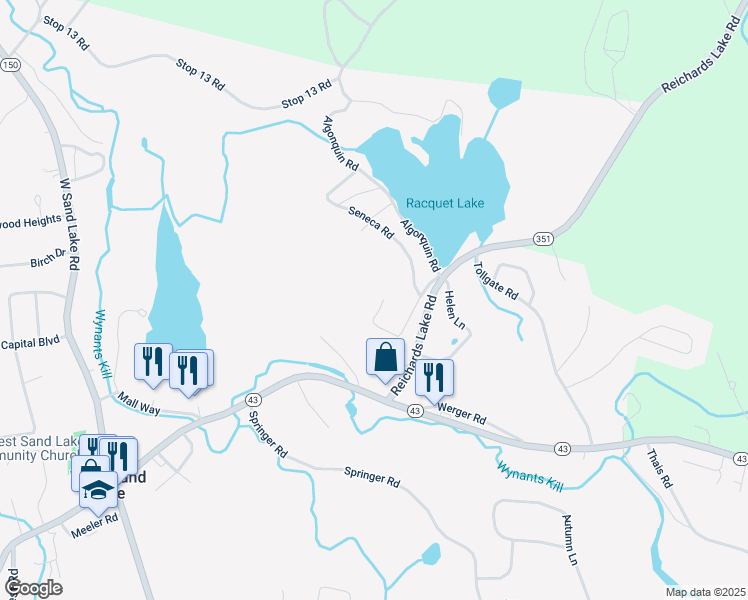 map of restaurants, bars, coffee shops, grocery stores, and more near 55 Cayuga Lane in West Sand Lake
