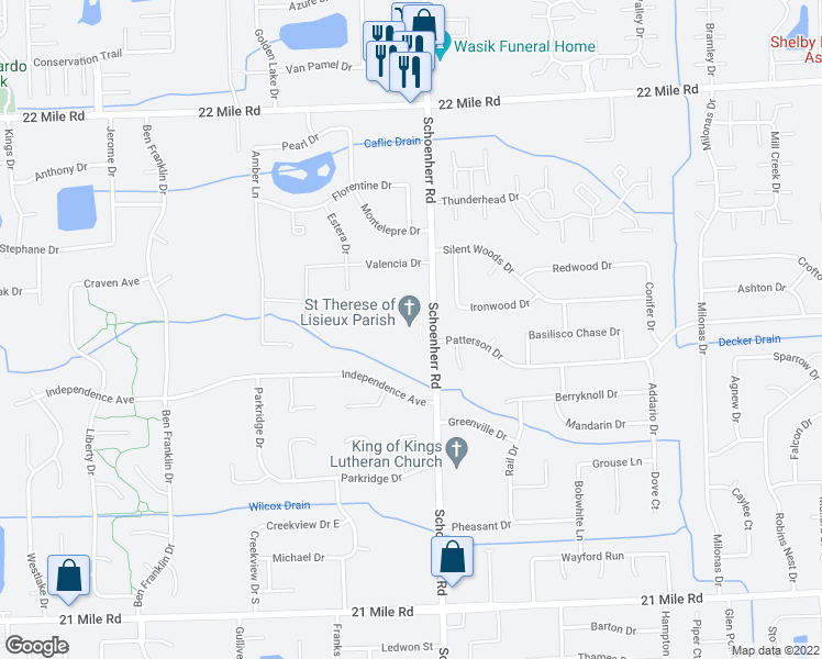 map of restaurants, bars, coffee shops, grocery stores, and more near 48115 Schoenherr Road in Shelby Charter Township