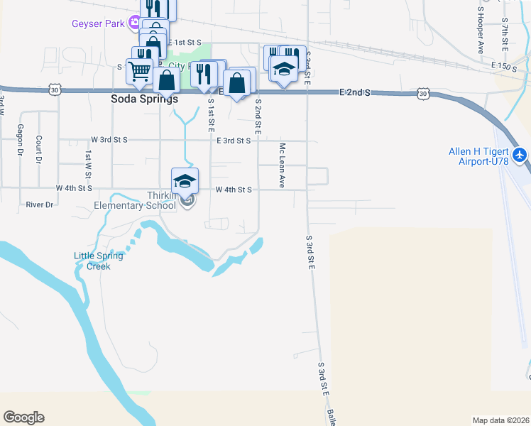 map of restaurants, bars, coffee shops, grocery stores, and more near 441 South 2nd Street East in Soda Springs