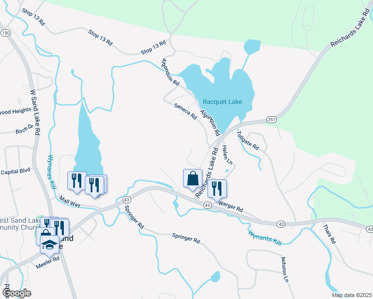 map of restaurants, bars, coffee shops, grocery stores, and more near 55 Cayuga Lane in West Sand Lake