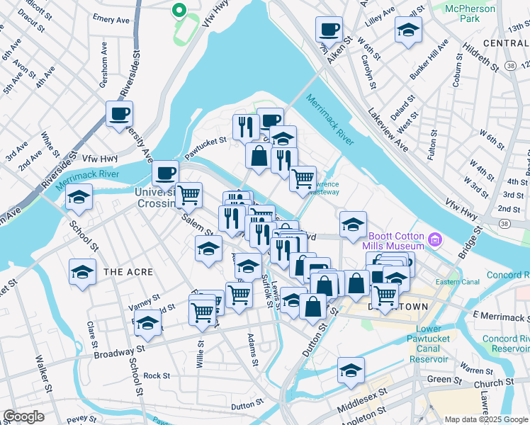 map of restaurants, bars, coffee shops, grocery stores, and more near 360 Father Morissette Boulevard in Lowell