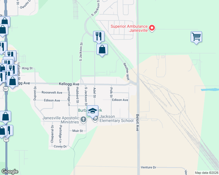 map of restaurants, bars, coffee shops, grocery stores, and more near 313 Kellogg Avenue in Janesville
