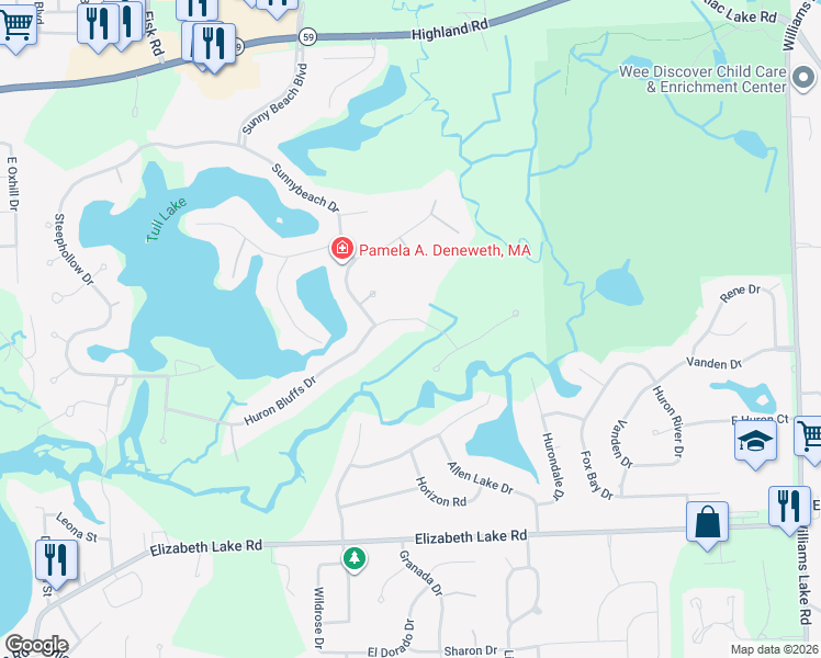 map of restaurants, bars, coffee shops, grocery stores, and more near 8915 Huron Bluffs Drive in White Lake charter Township