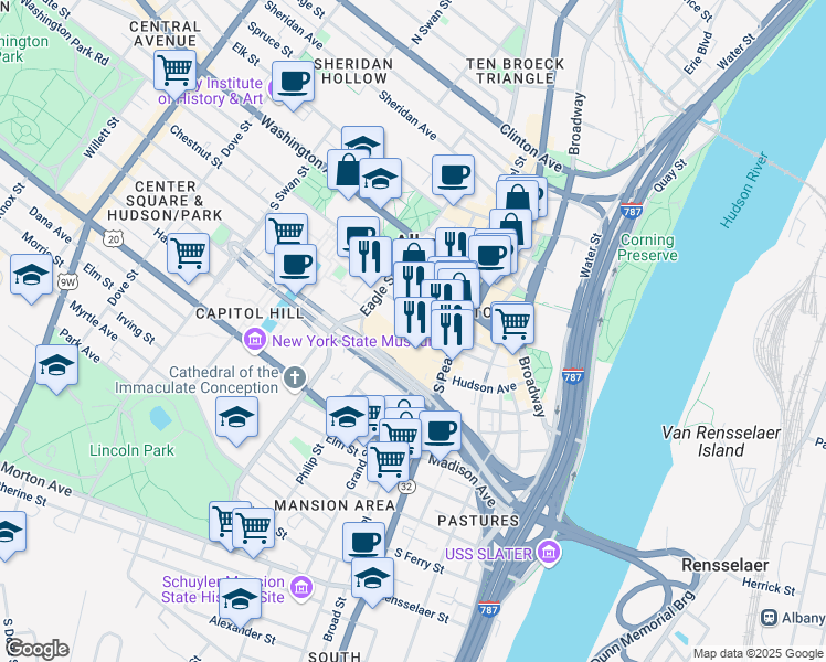 map of restaurants, bars, coffee shops, grocery stores, and more near 55 Lodge Street in Albany