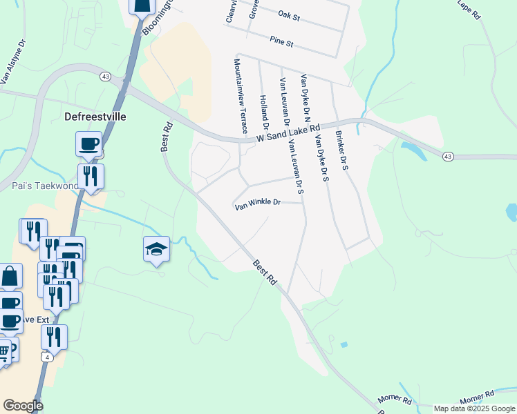 map of restaurants, bars, coffee shops, grocery stores, and more near 27 Van Winkle Drive in Rensselaer