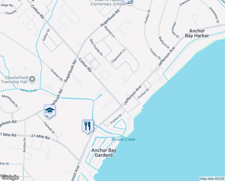 map of restaurants, bars, coffee shops, grocery stores, and more near 29521 Cotton Road in New Baltimore