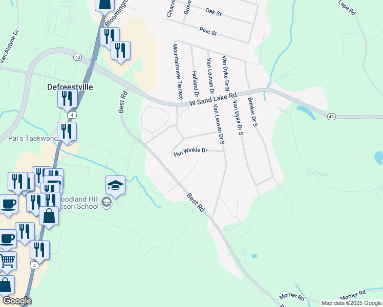 map of restaurants, bars, coffee shops, grocery stores, and more near 27 Van Winkle Drive in Rensselaer