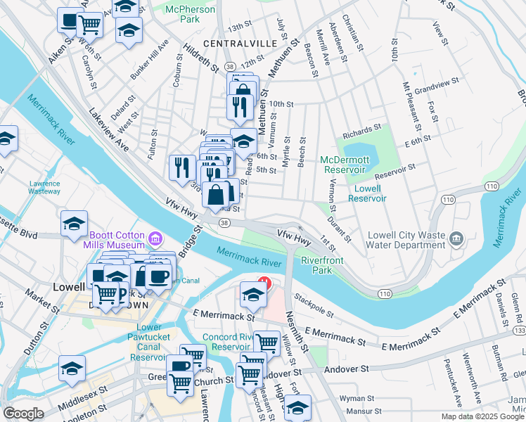 map of restaurants, bars, coffee shops, grocery stores, and more near 102 1st Street in Lowell