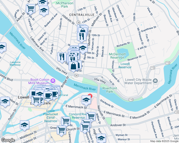 map of restaurants, bars, coffee shops, grocery stores, and more near 73 3rd Street in Lowell