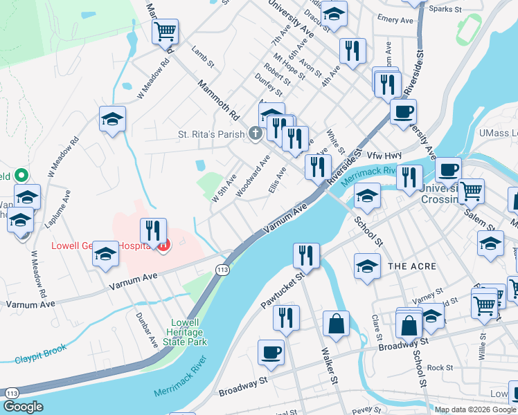 map of restaurants, bars, coffee shops, grocery stores, and more near 26 Elizia Circle in Lowell