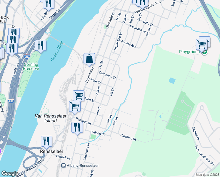 map of restaurants, bars, coffee shops, grocery stores, and more near 57 Pine Street in Rensselaer