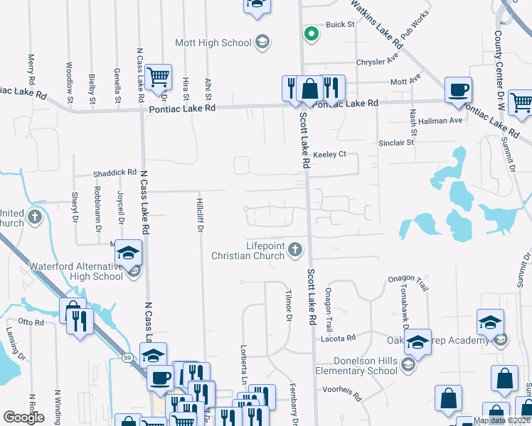 map of restaurants, bars, coffee shops, grocery stores, and more near 3162 Hidden Ridge Drive in Waterford Township
