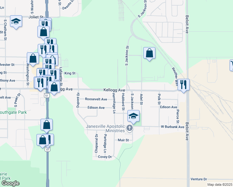 map of restaurants, bars, coffee shops, grocery stores, and more near 2007 Hermitage Lane in Janesville