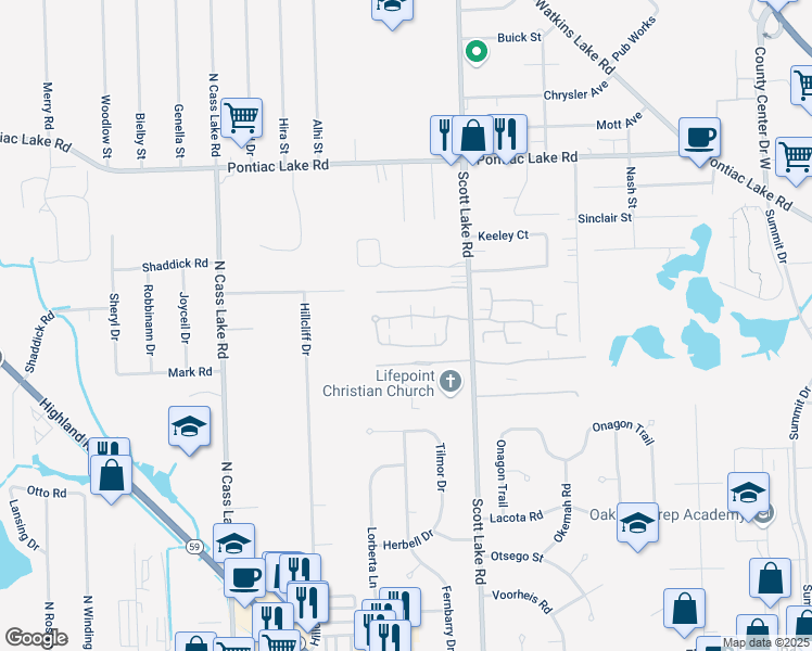 map of restaurants, bars, coffee shops, grocery stores, and more near 3162 Hidden Ridge Drive in Waterford Township