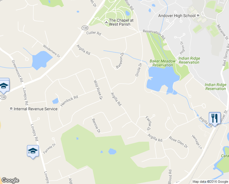 map of restaurants, bars, coffee shops, grocery stores, and more near 46 Oriole Drive in Andover