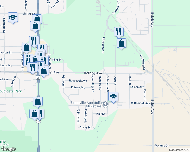 map of restaurants, bars, coffee shops, grocery stores, and more near 2007 Hermitage Lane in Janesville