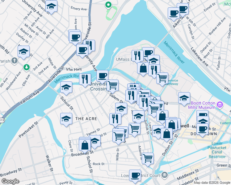map of restaurants, bars, coffee shops, grocery stores, and more near 784 Merrimack Street in Lowell
