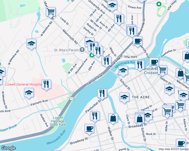 map of restaurants, bars, coffee shops, grocery stores, and more near 71 Varnum Avenue in Lowell