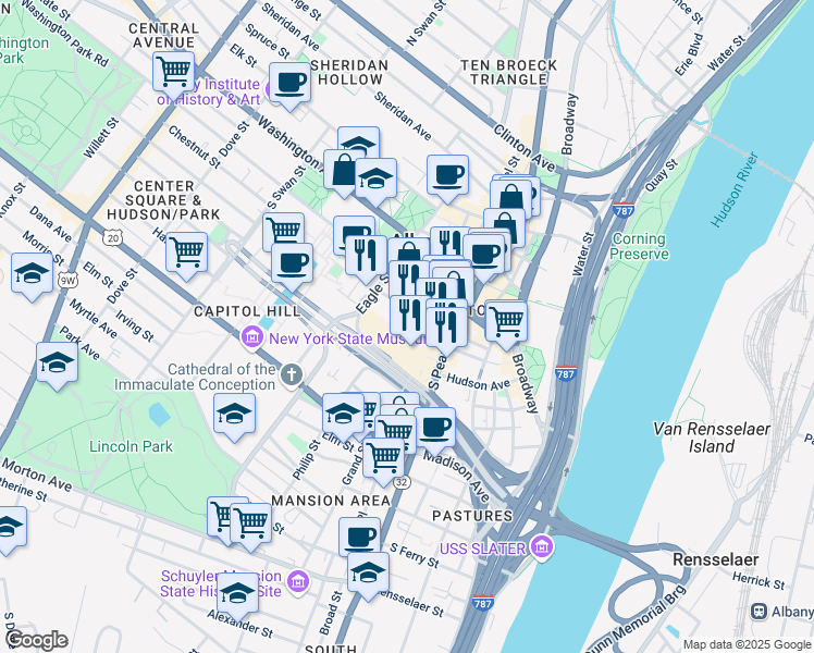 map of restaurants, bars, coffee shops, grocery stores, and more near 55 Lodge Street in Albany