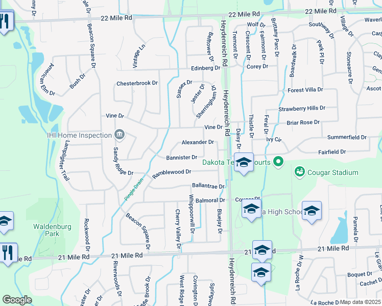 map of restaurants, bars, coffee shops, grocery stores, and more near 20351 Bannister Dr in Macomb