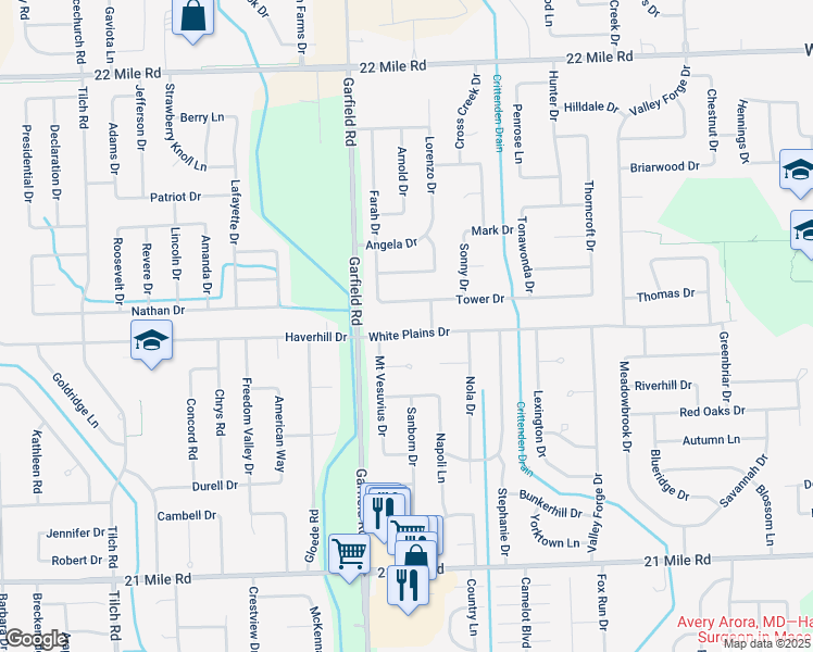 map of restaurants, bars, coffee shops, grocery stores, and more near 16797 White Plains Drive in Macomb