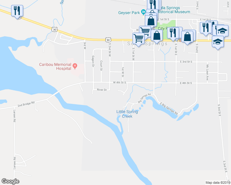 map of restaurants, bars, coffee shops, grocery stores, and more near 175 Spring View in Soda Springs