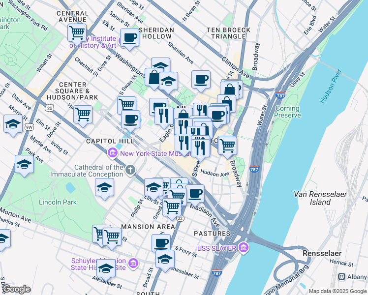 map of restaurants, bars, coffee shops, grocery stores, and more near 61 Lodge Street in Albany