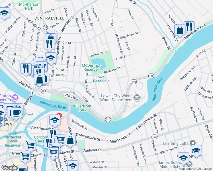 map of restaurants, bars, coffee shops, grocery stores, and more near 116 Llewellyn Street in Lowell