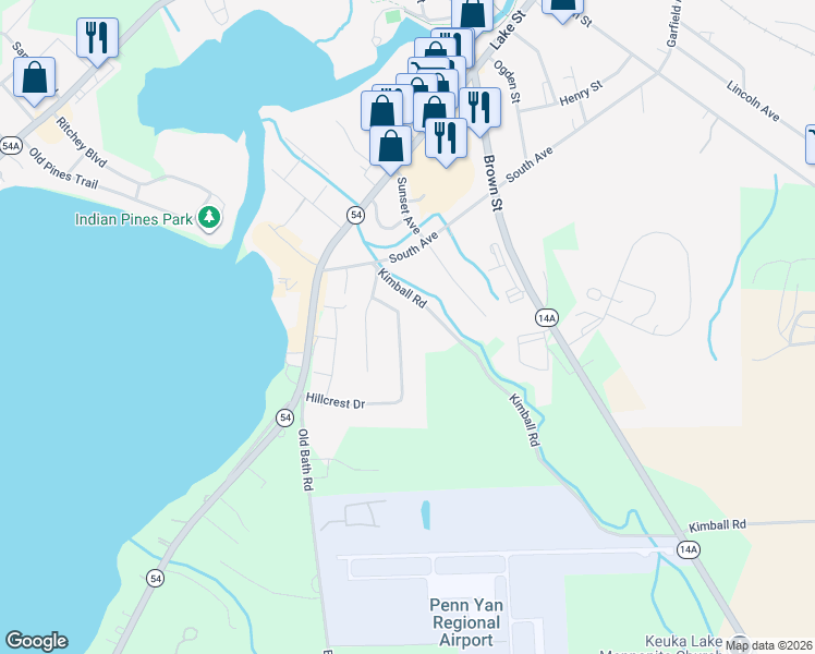 map of restaurants, bars, coffee shops, grocery stores, and more near 8 Hillcrest Drive in Penn Yan