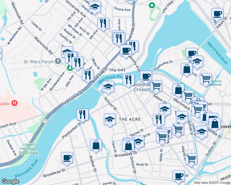 map of restaurants, bars, coffee shops, grocery stores, and more near 333 Pawtucket Street in Lowell