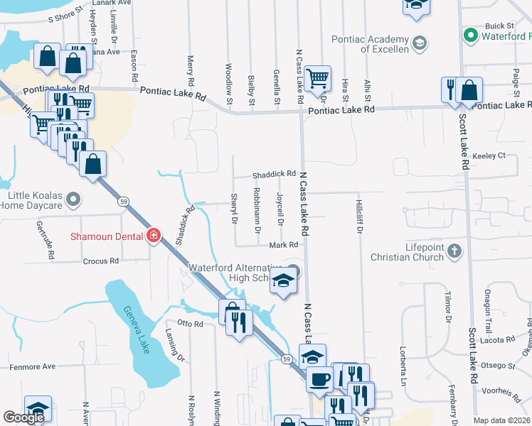 map of restaurants, bars, coffee shops, grocery stores, and more near 696 Robinann Drive in Waterford Township