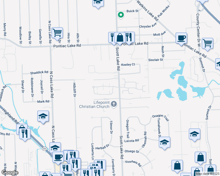 map of restaurants, bars, coffee shops, grocery stores, and more near 3141 Hidden Ridge Drive in Waterford Township