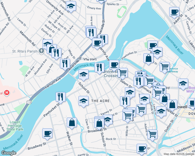 map of restaurants, bars, coffee shops, grocery stores, and more near 287 Pawtucket Street in Lowell