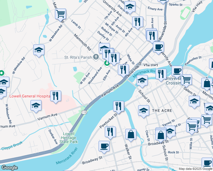 map of restaurants, bars, coffee shops, grocery stores, and more near 71 Varnum Avenue in Lowell