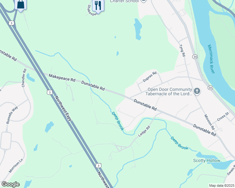 map of restaurants, bars, coffee shops, grocery stores, and more near 290 Dunstable Road in Chelmsford