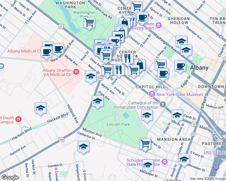 map of restaurants, bars, coffee shops, grocery stores, and more near 146 Dove Street in Albany