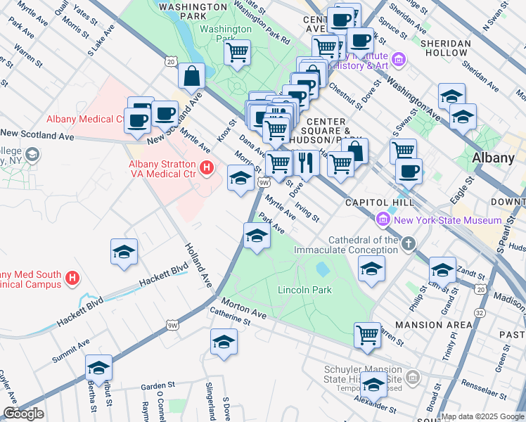 map of restaurants, bars, coffee shops, grocery stores, and more near 56 Delaware Avenue in Albany