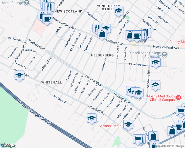 map of restaurants, bars, coffee shops, grocery stores, and more near 93 Pinewood Avenue in Albany