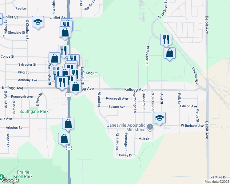 map of restaurants, bars, coffee shops, grocery stores, and more near 705 Kellogg Avenue in Janesville