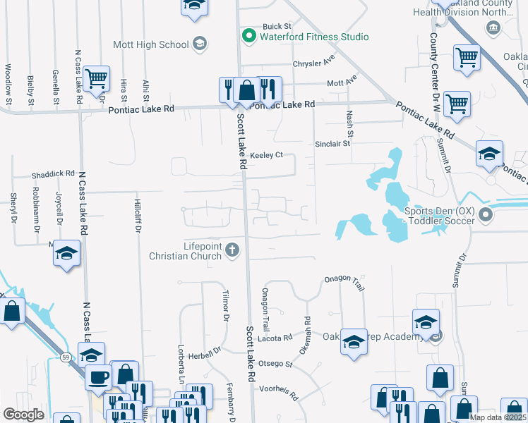 map of restaurants, bars, coffee shops, grocery stores, and more near 2928 Cottonwood Drive in Waterford Township