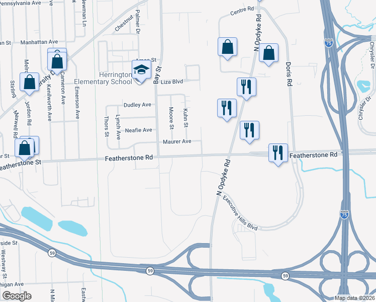 map of restaurants, bars, coffee shops, grocery stores, and more near 1291 Featherstone Road in Pontiac