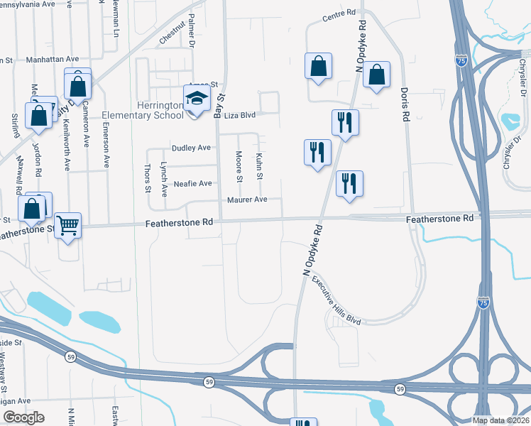 map of restaurants, bars, coffee shops, grocery stores, and more near 1291 Featherstone Road in Pontiac