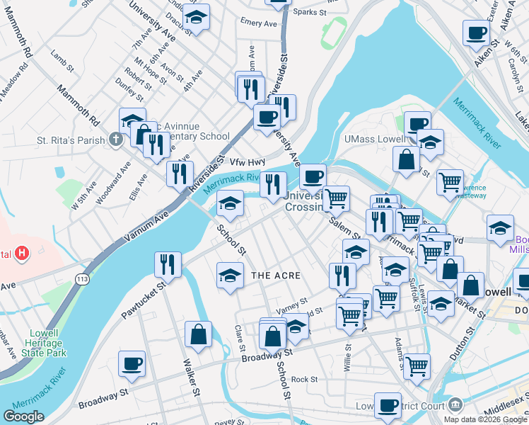 map of restaurants, bars, coffee shops, grocery stores, and more near 295 Pawtucket Street in Lowell