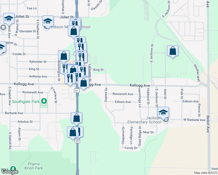 map of restaurants, bars, coffee shops, grocery stores, and more near 747 Kellogg Avenue in Janesville