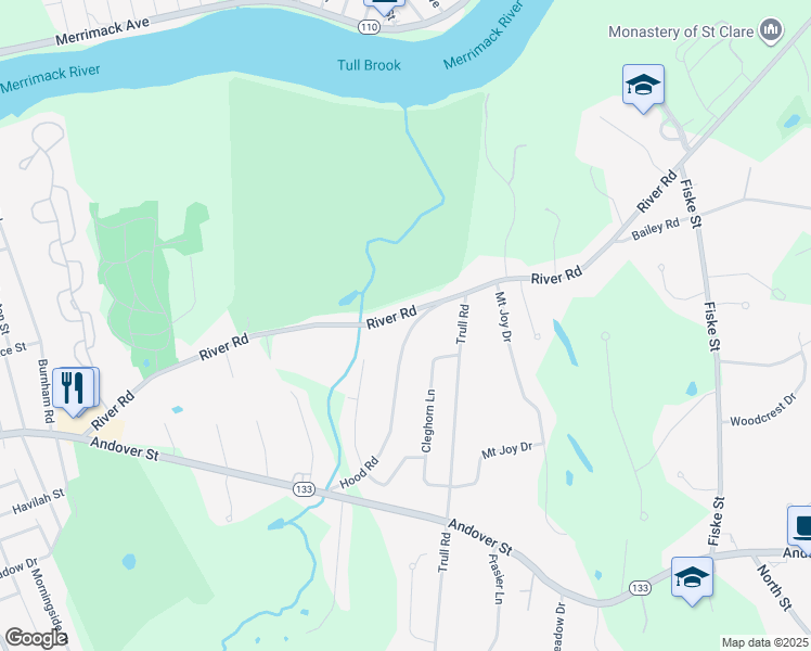 map of restaurants, bars, coffee shops, grocery stores, and more near 80 Hood Road in Tewksbury