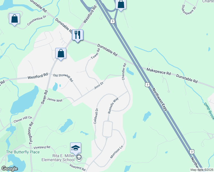 map of restaurants, bars, coffee shops, grocery stores, and more near 8 Joco Drive in Tyngsborough