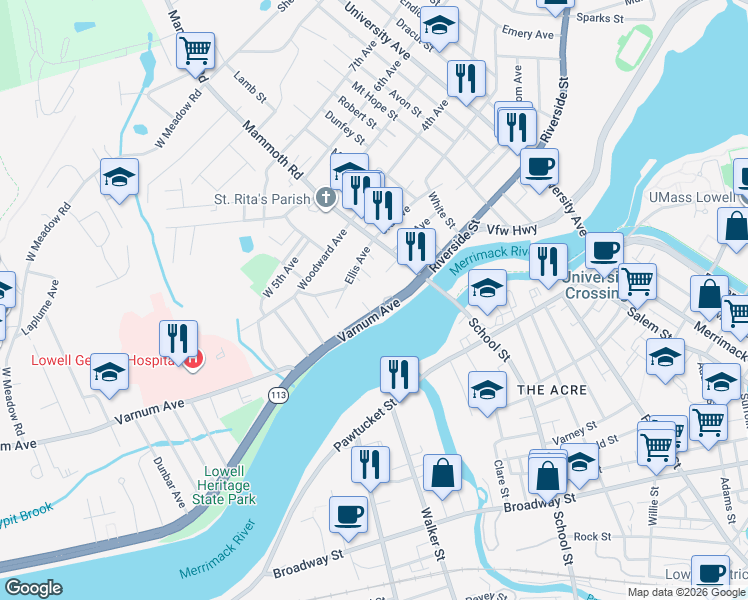 map of restaurants, bars, coffee shops, grocery stores, and more near 63 Varnum Avenue in Lowell