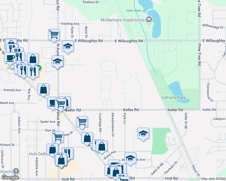 map of restaurants, bars, coffee shops, grocery stores, and more near 4330 Keller Rd in Holt